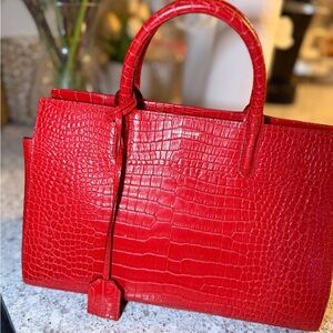 YSLSaint Laurent Cabas Rive Gauche Glossy Red Crocodile Embossed Leather